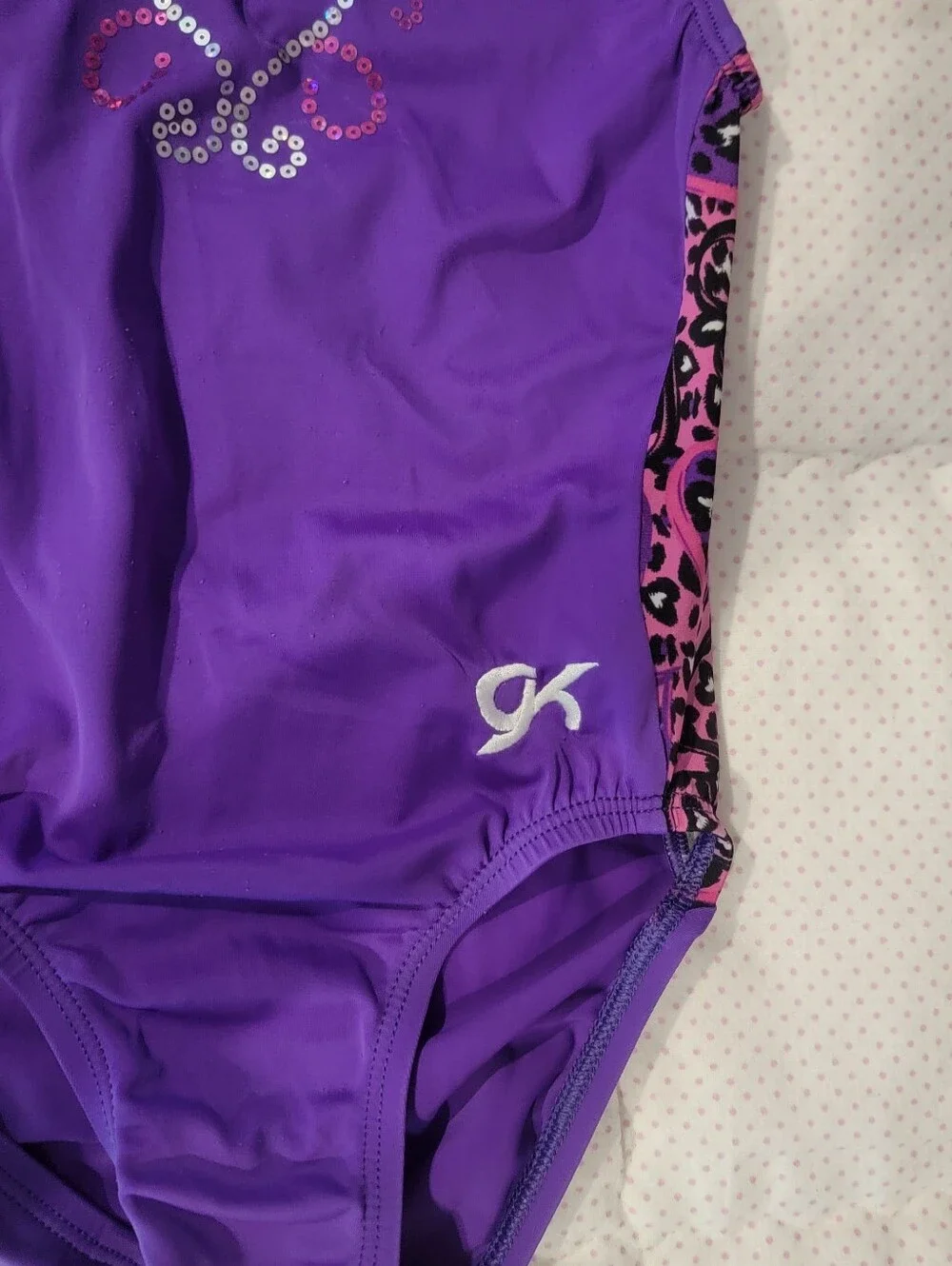 GK Elite Purple Pink Leopard Sequin Gymnastics Leotard Child Medium CM